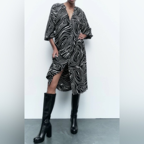 🖤 ZARA Black & White Zebra Swirl Print Button-Front Midi Dress – Size L - Picture 1 of 9